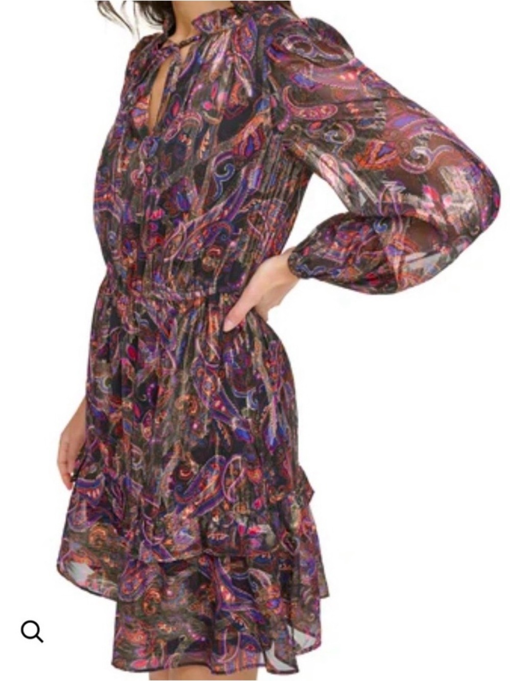 Vince Camuto Black Multicolor Metallic Paisley Tiered Long-Sleeve Dress
